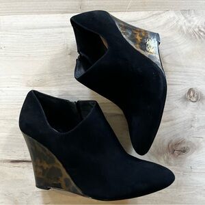 And Taylor Black  Suede Notch Ankle bootie with cheetah print wedge 8